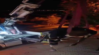 Evin damında mahsur kalan inek vinçle kurtarıldı