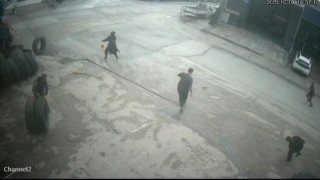 Fareyi süpürgeyle kovaladı, arkadaşı şut atar gibi tekme attı