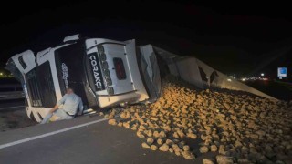 Köpeğe çarpmamak için sürücüsünün manevra yaptığı pancar yüklü tır refüje devrildi