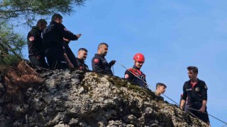 Sarp kayalıklarda mahsur kalan keçi kurtarıldı