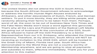 ABD Başkanı Donald Trump: Güney Afrika Miamide yapılacak 2026 G20 Zirvesine davet edilmeyecek