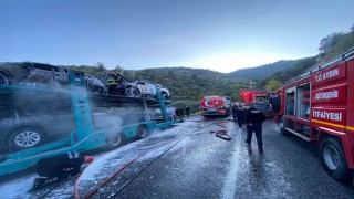 Bozdoğanda araç yüklü tırda yangın: Araçlar kullanılamaz hale geldi