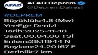 Ege Denizinde 4.8 büyüklüğünde deprem