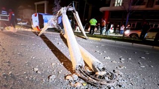 Kontrolden çıkan otomobil, direği ve ağacı devirdi: 2 kişi yaralandı, kurtarma anları kamerada