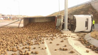 Pancar yüklü kamyon devrildi