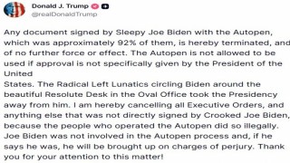 Trump, Selefi Bidenın kendisi tarafından imzalanmadığını öne sürdüğü tüm başkanlık kararnamelerini iptal etti