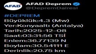 Antalyada 4.3 büyüklüğünde deprem