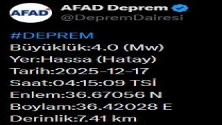 Hatayda 4.0 büyüklüğünde deprem