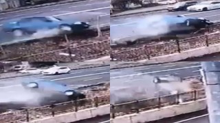 Otomobilin drenaj kanalına uçtuğu anlar görüntülendi