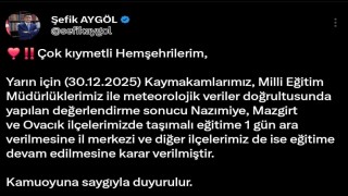 Tuncelinin 3 ilçesinde taşımalı eğitime 1 gün ara verildi