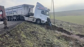 Mardinde kontrolden çıkan tır yol kenarına savruldu