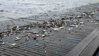 Dalgalarla sürüklenen plastik atıklar sahile vurdu