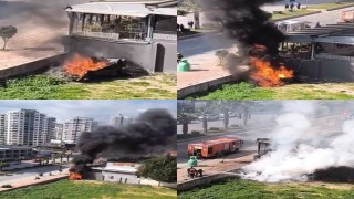 Mersinde iş yerinin duvarına çarpan otomobil alev aldı: 1 yaralı