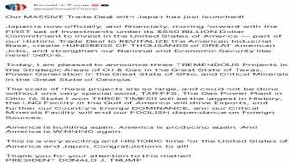 Trump, Japonyanın 550 milyar dolarlık yatırım taahhüdü kapsamındaki ilk projeleri duyurdu