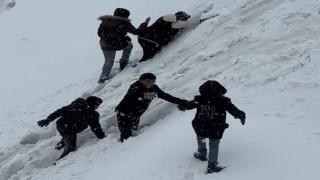 Yüksekovada tepsiler kızak oldu, karlı yamaçlar oyun alanına dönüştü