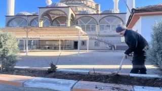 Gönüllü olarak cami önündeki çiçeklerin bakımını yapıyor