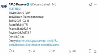 Kahramanmaraşta 4 büyüklüğünde deprem