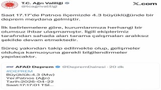 Ağrıda 4,3 büyüklüğünde deprem