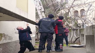 Çatı katında mahsur kalan kediyi polis ve itfaiye kurtardı