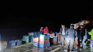 Kazada çevreye dağılan elmaları köy sakinleri topladı