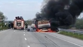 Seyir halindeki tomruk yüklü kamyon alevlere teslim oldu