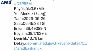 Elazığda 3.6 büyüklüğünde deprem