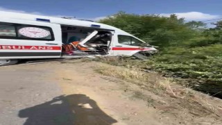 Hasta taşıyan ambulans yoldan çıkarak yeşillik alana savruldu
