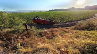 Pancar tarlasına uçan araçtaki 2 kişi yaralandı