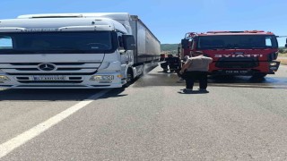 Seyir halindeki tırın lastikleri alev aldı