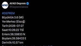 Elazığda 3.6  büyüklüğünde deprem