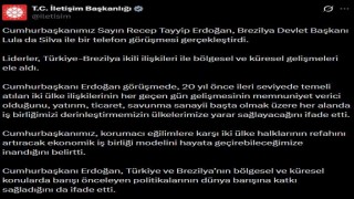 Cumhurbaşkanı Erdoğan, Brezilya Devlet Başkanı Silva ile telefonda görüştü