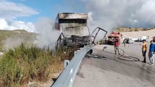Bariyerlere çarpan kamyon alev alev yandı, sürücü yaralı kurtuldu