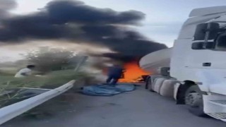 Iğdırda seyir halindeki tankerin lastikleri alev aldı