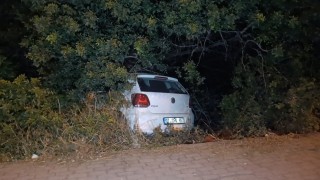 Sürücüsünün direksiyon hakimiyetini kaybettiği otomobil bahçeye uçtu